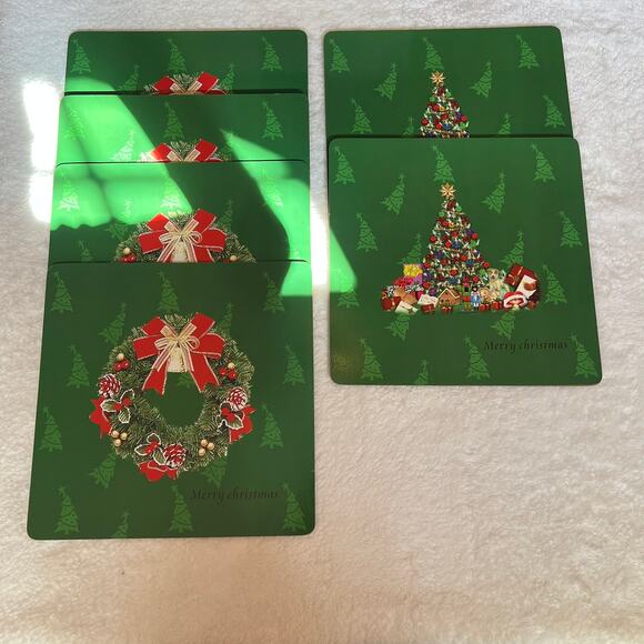 Set of 6 Christmas Tree & Wreath Cork Placemats Holiday Red & Green Dinner Mats - Picture 2 of 11
